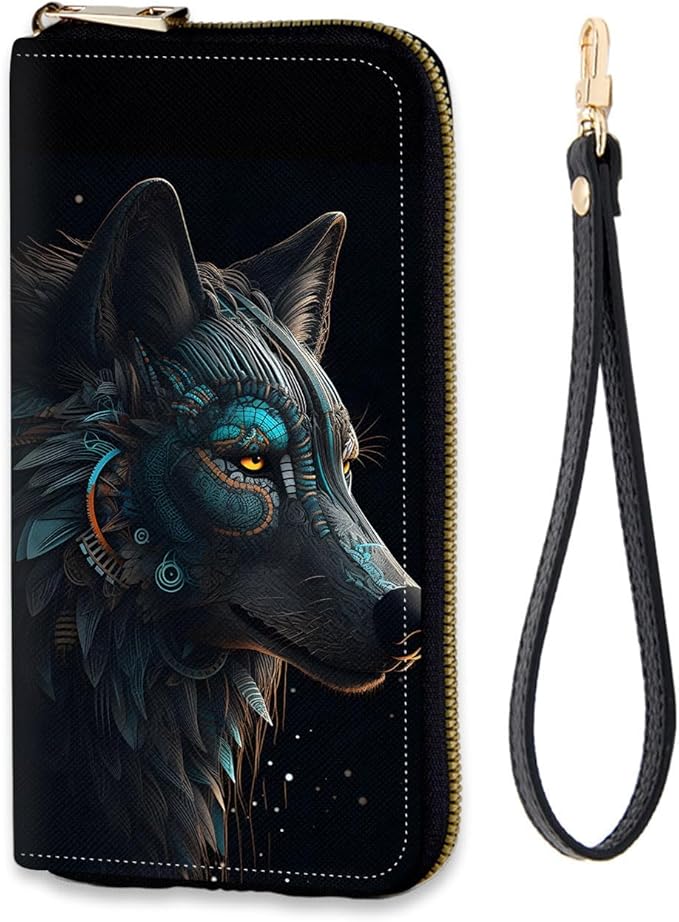Women's RFID Blocking Zip Around Wallet with Detachable Wrist Strap, Large Capacity Credit Card Holder Organizer for Everyday Use,Cool Wolf