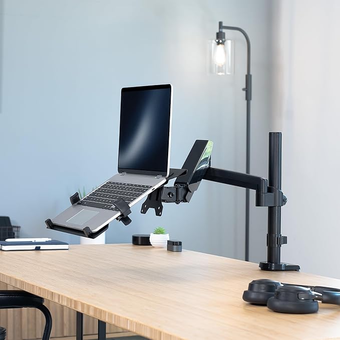VIVO Universal Adjustable 10 to 15.6 inch Laptop Mount for Desk, Single Tension Arm VESA Notebook Stand with C-clamp and Grommet Options, Black, STAND-V101L