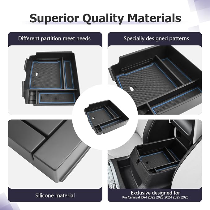 LUWU 2025 2026 Carnival Center Console Organizer Compatible with Kia Carnival KA4 2022-2025 2026 Accessories Armrest Console Storage Box Insert Tray ABS Material Black Coin Container, Blue