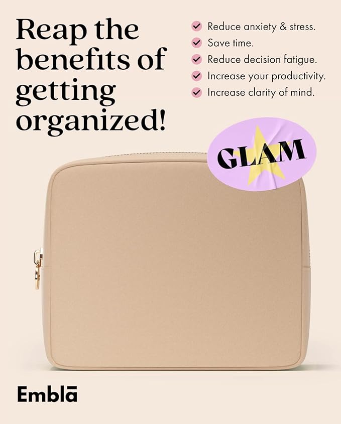 Embla Large Makeup Bag and Waterproof Nylon Travel Toiletry Bag, Large Capacity Cosmetic Zipper Pouch, Beige