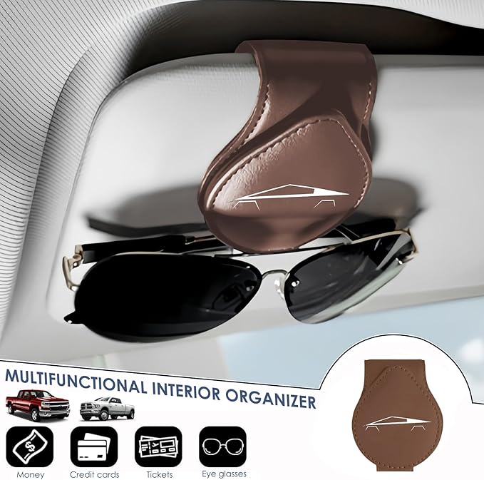 Car Sunglass Holder Compatible with Tesla Cybertruck 2025 2024 Cyberbeast Interior Accessories Organizer Leather Eyeglass Hanger Visor Ticket Card Clip Magnetic Cyber Truck Sunglasses Holders (Brown)
