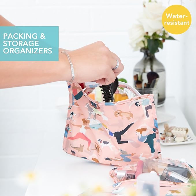 Bumkins - Waterproof Wet Bag, Wet/Dry Clutch & Clear Travel Bags - For Beach, Baby, Travel, Cloth Diapers, Pump Parts, Pool, Gym, Toiletries - Reusable & Easy to Clean - Yoga Pals - 5 Pack