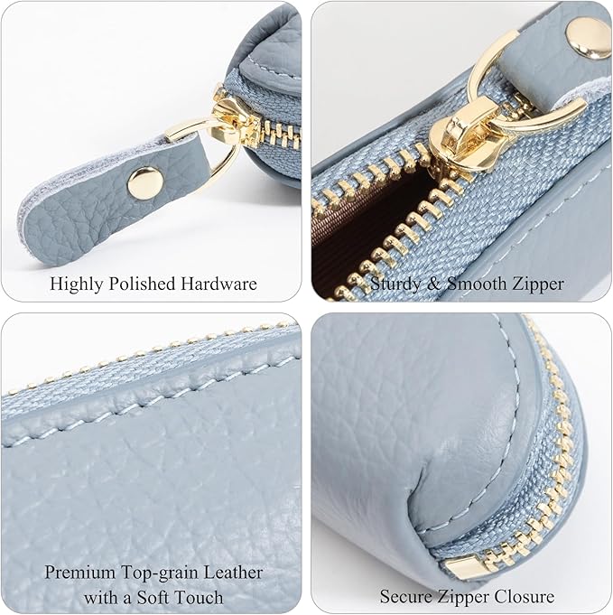 Full Grain Leather Coin Pouch - Travel Small Coin Purse with Zipper - Mini Key Pouch Change Purse for Women and Men (Powder Blue)