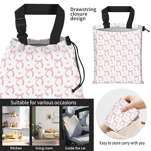 Car Trash Bag Large Hanging Can for Back of Seat, Cute Waterproof Car Garbage Bag for Vehicle, Travelling, Outdoor Cute Pink Bow Heart