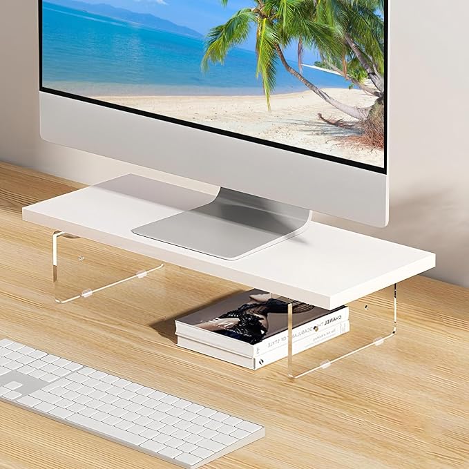 Anti-slip Monitor Stand Riser 2.16/3.34 Inch 2 Height Adjustments Clear Acrylic Stand with Clear Anti-slip Mat, Desk Accessories Screen/PC/Printer/Laptop/Mirror Riser 7.8 x 15.7 Inch (White)