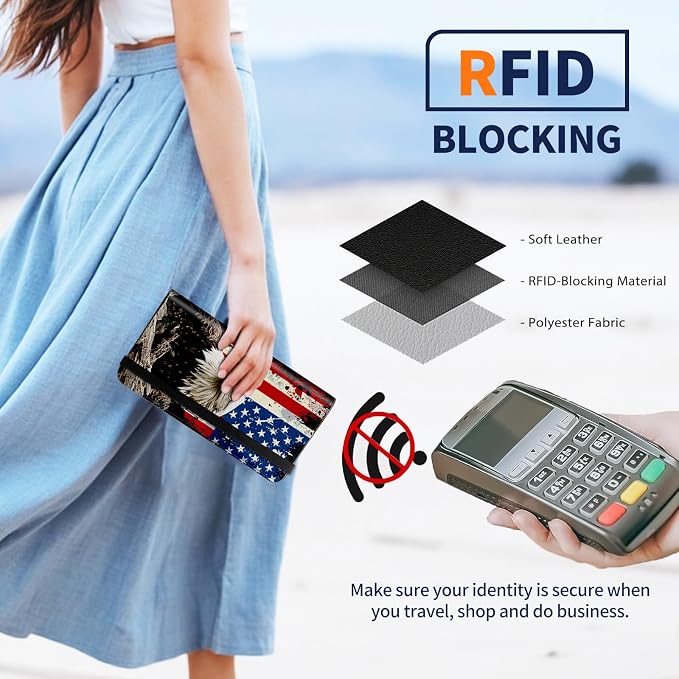 Premium PU Leather Checkbook Cover for Men & Women,RFID Blocking Slim Check Book Holder with Duplicate Check Divider & Pen Holder,Fits Standard Personal Checks,American Flag Eagle