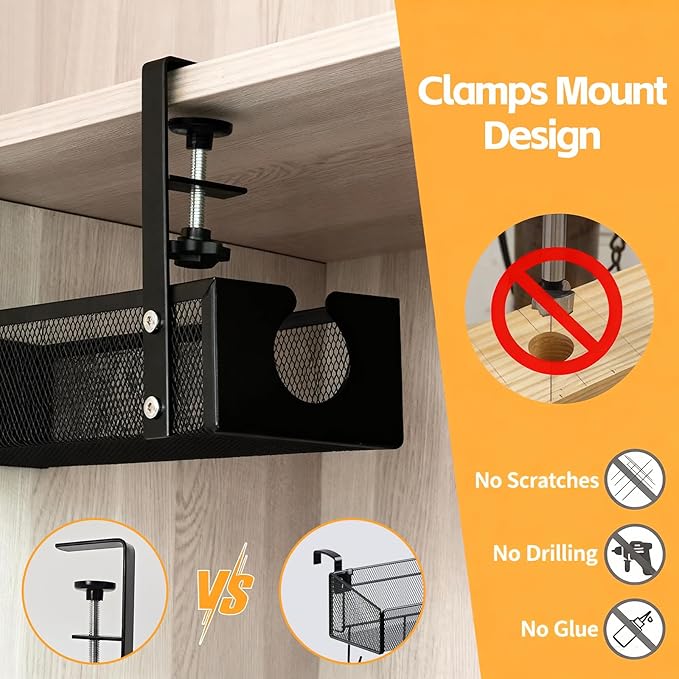 Under Desk Cable Management Tray – No Drill Metal Mesh Cord Organizer for Home Office & Standing, Adjustable Wire Organizer, Space-Saving Desk Tray (Black)