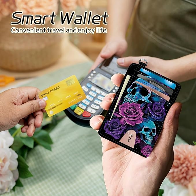 Small Travel Wallets, Neon Sugar Skull Slim Minimalist Front Pocket Wallet with Wristlet, RFID Blocking PU Leather Credit Card Holder with ID Window Change Purse for Men Women