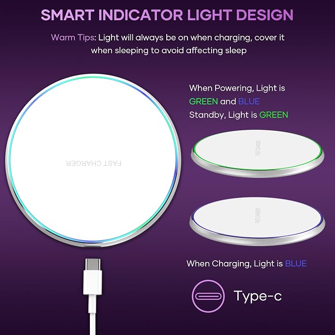 Wireless Charger Compatible with iPhone 17 16 15 14 13 12 11 Pro Max/Mini/Plus/XR/X/8, 15W Max Fast Wireless Charging Pad Mat for Samsung Galaxy S23/S22/S21/S20/S10, Galaxy Buds