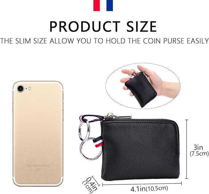 Leather Coin Purse, Change Purse for Men Women (Light khaki, standard) | Mini Coin Pouch with Zipper & 2 Keyrings, Water-resistant Genuine Leather Wallet for Pocket, Daily,Gifts