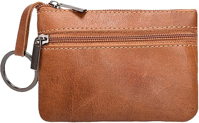 Hibate Brown Small Leather Coin Purse Change Pouch for Women Men Kids with Zip Key Ring