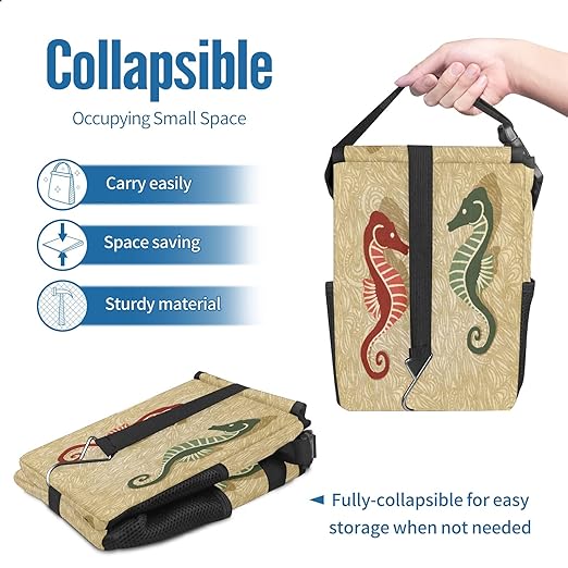 Car Trash Can Retro Seahorse Auto Garbage Bag Car Trash Can with Lid Leak-Proof Car Storage Bag Garbage Bag Hanging for Headrest Collapsible and Portable with Storage Mesh Pocket