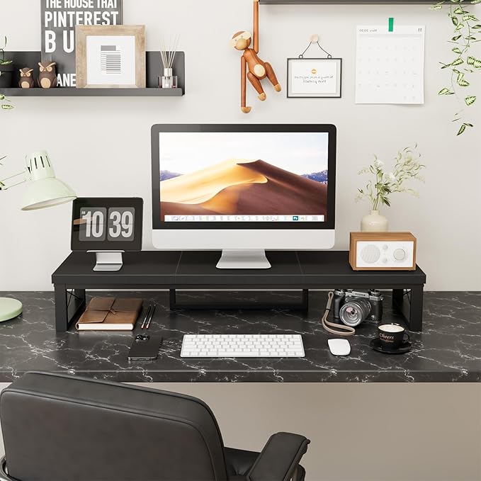 IBUYKE Large Dual Monitor Stand Riser for 2 Monitors, Wooden Desktop Computer Monitor Stand Storage Shelf and Steel Legs,Dual Screen Office Desk,Monitor Riser for Computer, Printer,Laptop,TV,Black UTDJ002B
