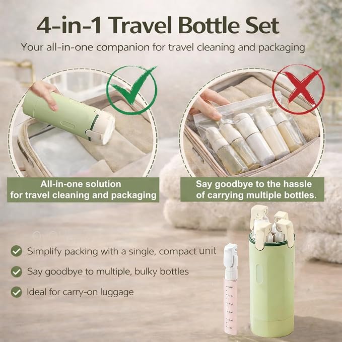 4-in-1 Travel Bottles for Toiletries, Travel Pump Bottle，Leak-Proof Shampoo Conditioner Lotion Dispenser with Pump, Compact No-Spill Toiletry Containers for Travel & Business Trips (Green)
