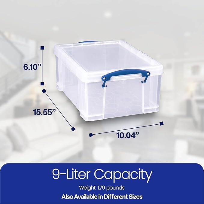 Really Useful Box Stackable 9 Liter Plastic Storage Container Bin with Snap Lid and Built-in Clip Lock Handles for Home & Office Organization (3 Pack)