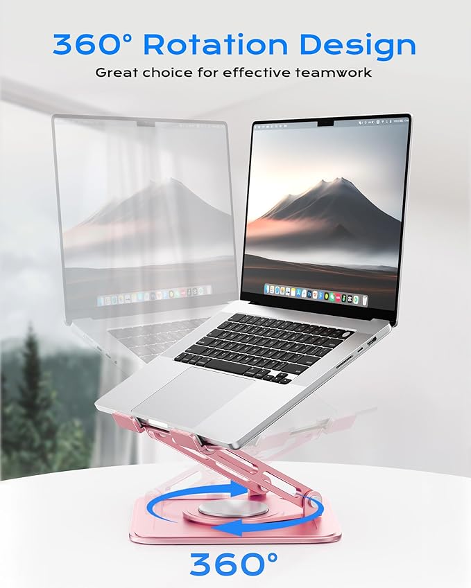 LOXP Adjustable Laptop Stand, Computer Stand with 360 Rotating Base, Ergonomic Laptop Riser Mount for Desk Foldable Protable Computer Desk Fits with MacBook Pro Air (10-16") - Pink