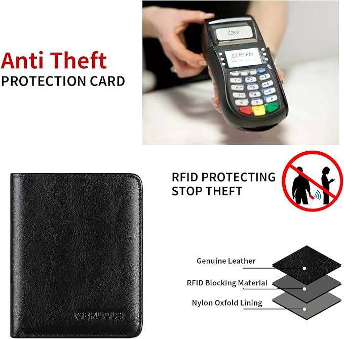 Bifold Slim Men Wallet Genuine Leather Thin, Small Vertical RFID Blocking Wallets for Men ，Compact & Stylish with Clear ID Windows (Black)