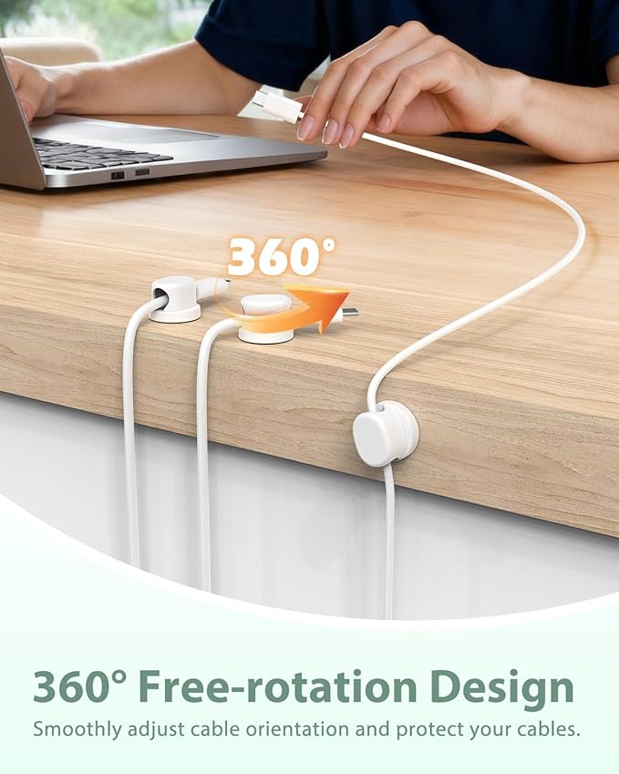 Rotatable Cord Holder, Snap-Lock Cable Clips, 8 Pack Adhesive Cord Organizer, Phone Charger Wire Organizer Keeper for Nightstand Car Kitchen Office Accessory,White