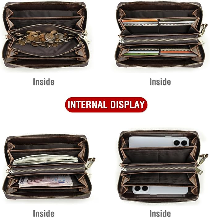 Top Grain Genuine Oiled Leather Clutch Wallet for Man & Woman, Handmade Vintage Design, Multi Pockets & Slots & Detachable Wristlets, RFID Large Capacity for Cards/Checks/Money/Passport, Red Coffee
