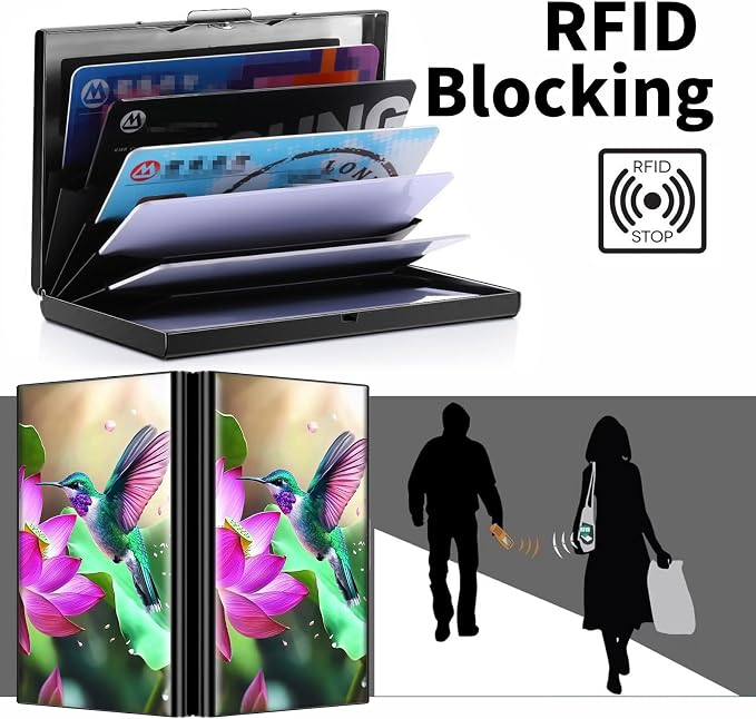 Metal Wallet, Credit Card Holder for Women Men Girls, RFID Blocking Aluminum Wallet Slim Hard Case, Mini Travel Wallet, ID Card Holder Business Card Case,Hummingbird Lotus