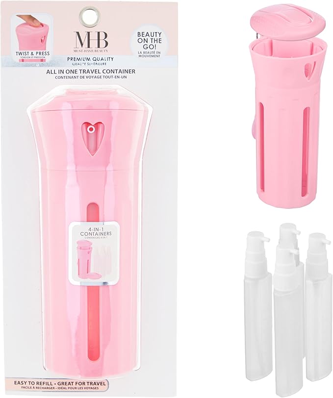 Travel Beauty Dispenser- Portable 4-in-1 Travel Bottle Set with Dispenser, Leak-Proof Refillable Toiletry Containers for Shampoo, Conditioner, Lotion