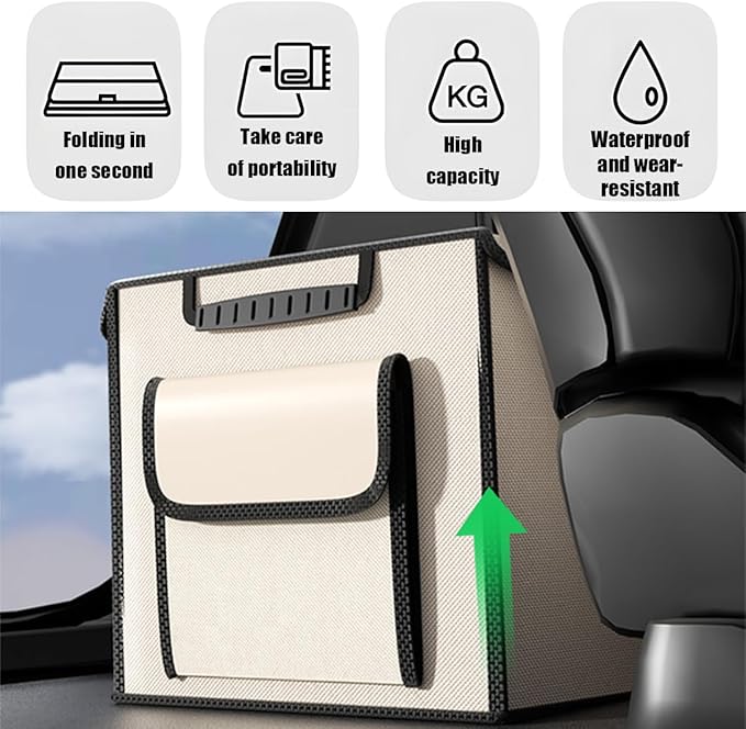 Car Trunk Organizer, Multi-Compartment Collapsible Vehicle Cargo Storage Organizer with Lid, Non Slip Waterproof Storage Box with Reinforced Handles, Universal Automotive Accessories (Beige)
