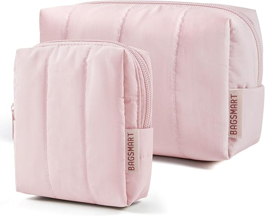 BAGSMART Makeup Bag Duo Set, Puffy Padded Travel Cosmetic Organizer with Slip-in Pockets, Large Toiletry Bag & Small Purse Pouch, Travel Essentials for Women, Baby Pink