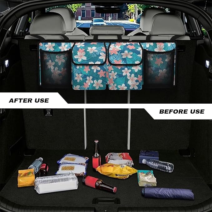 Tropical Flower Car Backseat Organizer Foldable Vehicle Interior Cargo Organizer Accessories Car Trunk Organizers with 4 Large Pockets Universal Fit for Cars SUV Sedans