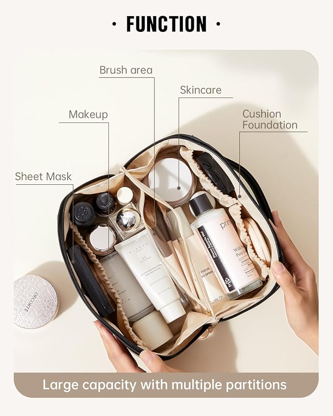 EACHY Travel Makeup Bag, Large Capacity Cosmetic Bag for Women, Waterproof PU Leather, Flat Open Portable Toiletry Bag for Skincare, Brushes & Travel Essentials