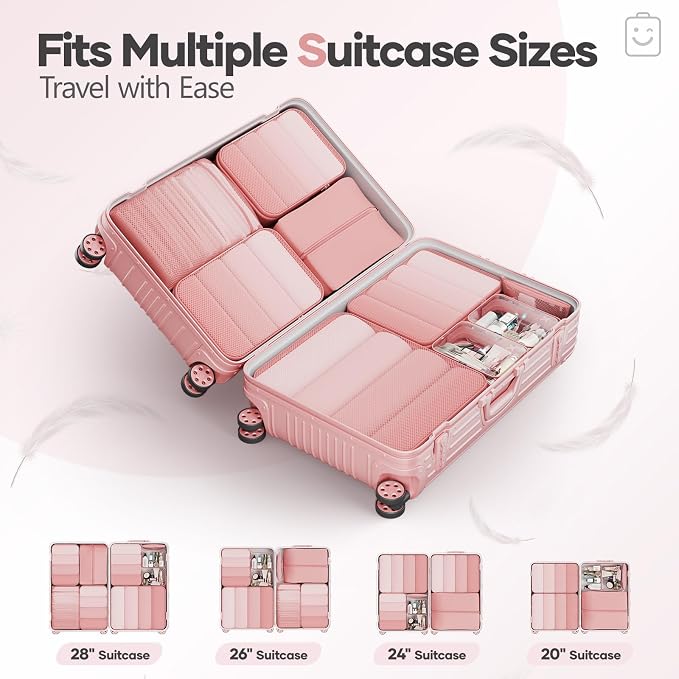 Veken 9/11 Set Compression Packing Cubes for Travel Essentials,Compressible Expandable Large Luggage Suitcase Organizer Bags for Clothing,Durable Space Saver Storage Bags with Toiletry Bags(Pink)