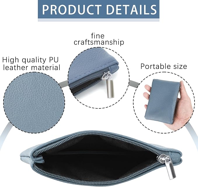 2 Pack Portable PU Leather Zipper Coin Purse - Mini Change Purse for Women, Folded Bills, ID, Key, Headset, Lipstick (Black & Blue)