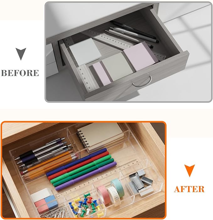 Large Acrylic Desk Deep Drawer Organizer with Adjustable Dividers, Anti-skip Clear Desk Top Junk Drawer Storage Tray for Pens, Desktop, Office, Bathroom, Kitchen, Makeup Supplies(7 Compartments)