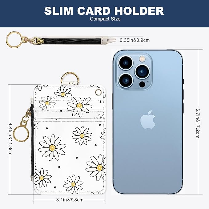 Slim Wallet Credit Card Holder, White daisy V, RFID Wallet Women Cute Small Front Pocket Wallet With Zipper, PU Leather Thin travel RFID Blocking Card Case ID Window,Ladies Gifts