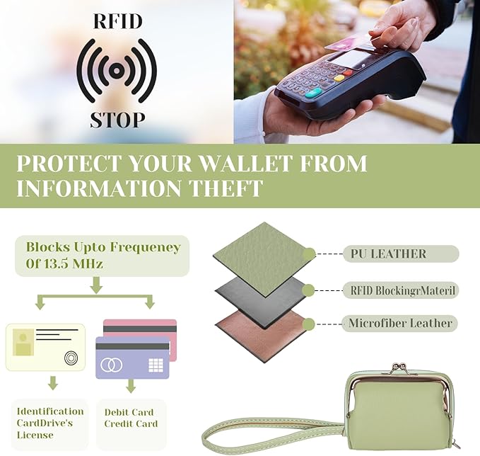 Women's RFID Blocking Wristlet Wallet - 2-in-1 Zip-Around with Coin Purse & Card Slots - Vegan Leather with Secure Clasp (Gift Ready)(Green)