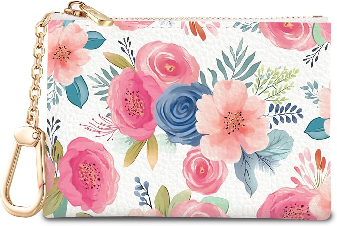 Watercolor Floral Keychain Coin Purse for Women, Small PU Leather Change Pouch, Zipper Little Tiny Travel Wallet for Girls, Cute Kawaii Zip Pocket Coin Holder with Key Ring