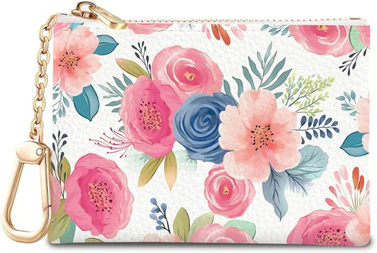 Watercolor Floral Keychain Coin Purse for Women, Small PU Leather Change Pouch, Zipper Little Tiny Travel Wallet for Girls, Cute Kawaii Zip Pocket Coin Holder with Key Ring