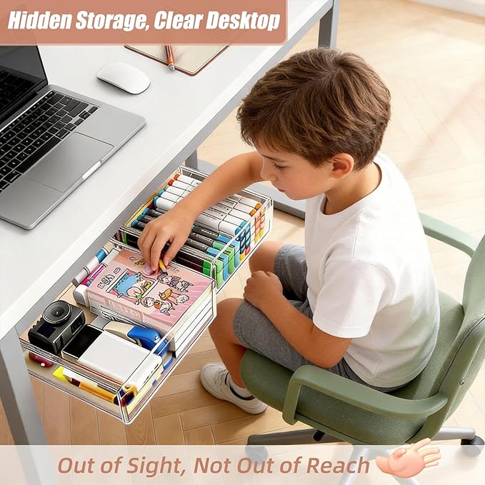 2-Pack Under Desk Drawer for Desk with Frame & Beam, Fits Where Standard Drawers Can't, 52mm Heightened Slide Out Organizer, Dual Adhesive or Screw Mount, Clear PET Under Table Storage