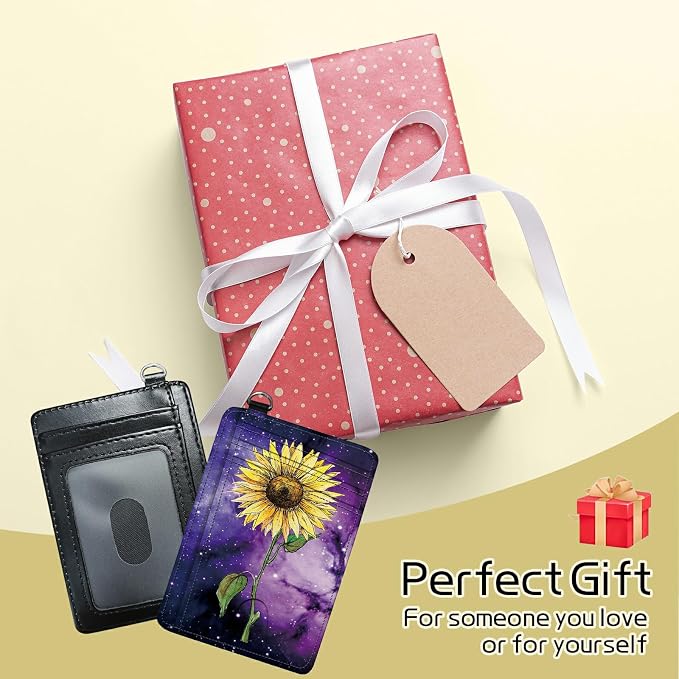 Small Travel Wallets, Sunflower Yellow Purple Galaxy Slim Minimalist Front Pocket Wallet with Wristlet, RFID Blocking PU Leather Credit Card Holder with ID Window Change Purse for Men Women