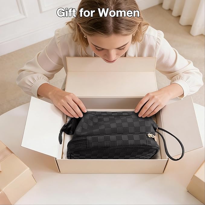 Abiudeng Large Capacity Makeup Bag Ladies Cosmetic Bag Travel Bag with Compartments Portable PU Leather Travel Makeup Bag with Handle