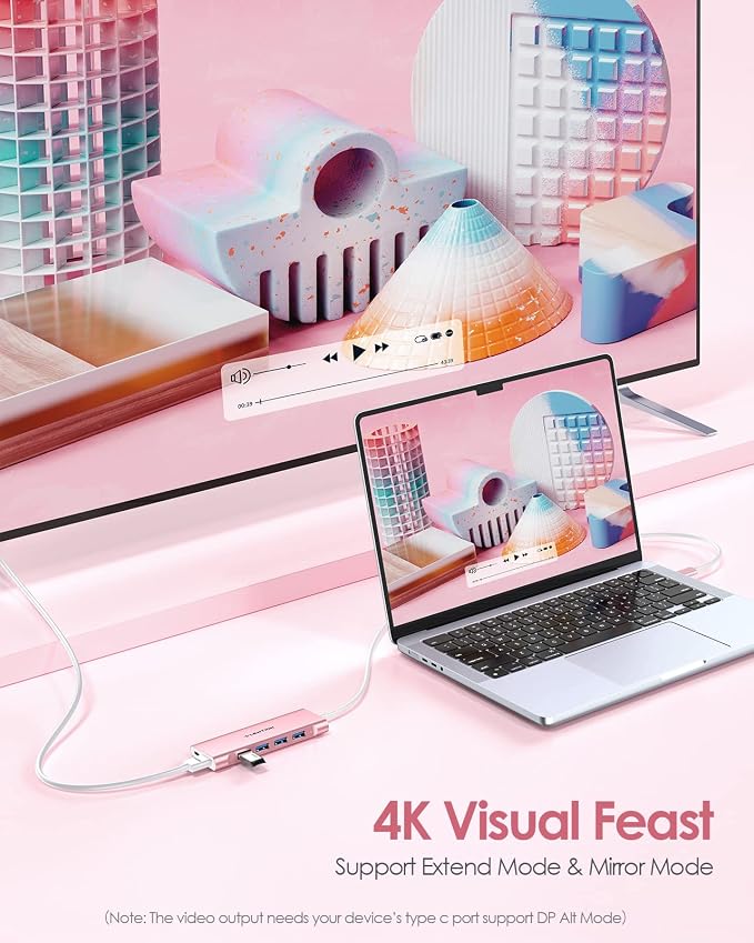 LENTION 3.3FT Long Cable USB C Hub with 4K HDMI, 100W PD Charging, 4 USB 3.0 Port & LED Indicator for MacBook Pro/Air, Dell XPS, HP, Chromebook, More, Stable Driver Adapter (C35-1M, Rose Gold)