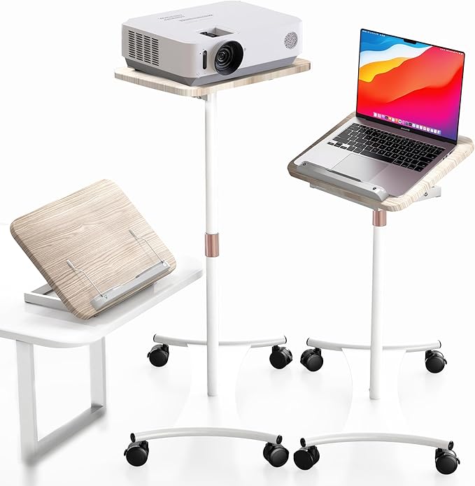 Rolling Laptop Floor Stand, Dual-Purpose for Desk & Floor, Adjustable Height from 16.5" to 51", with 4 Lockable Casters & Book Page Clips, Portable Laptop Stand (White Ash Finishing)