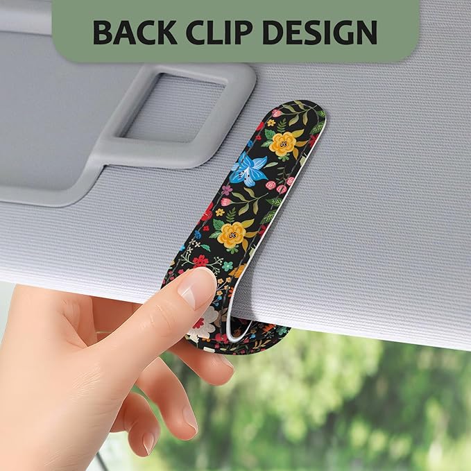 2 Pack Magnetic Leather Sunglass Holder, Universal Magnetic Car Eyeglass Hanger Clip for Different Size Eyeglasses, Car Visor Accessories (Black Floral)