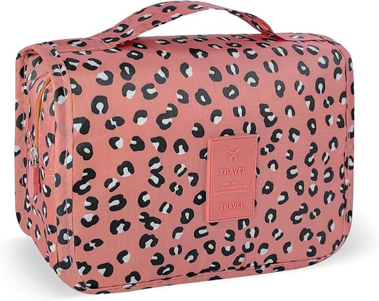 Large Capacity Toiletry Bag Travel Bag with Hanging Hook for Men and Women Waterproof Travel Cosmetic Bag Bathroom Storage Bag for Brushes Set,Full-Sized Shampoo,Accessories-Pink Leopard
