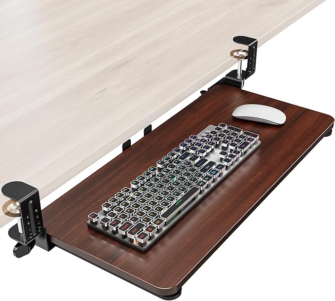 Ergonomic Keyboard Tray Under Desk, Pull Out with Adjustable C-clamp, 25.6 (31.5 Including Clamps) x 11.8 Inch Slide Out Computer Keyboard Drawer Mouse Tray for Typing, Large & Walnut