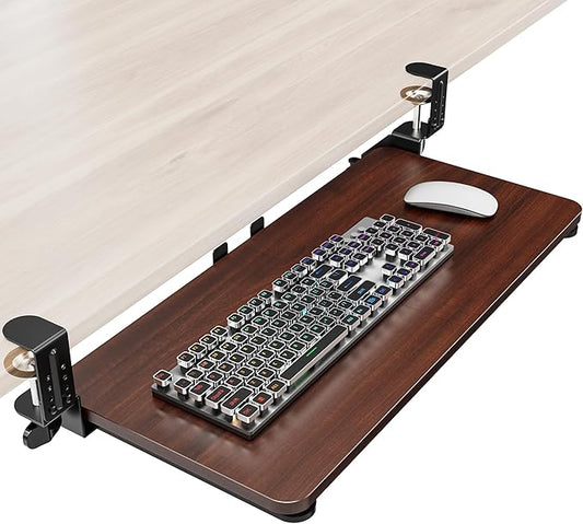 Ergonomic Keyboard Tray Under Desk, Pull Out with Adjustable C-clamp, 25.6 (31.5 Including Clamps) x 11.8 Inch Slide Out Computer Keyboard Drawer Mouse Tray for Typing, Large & Walnut