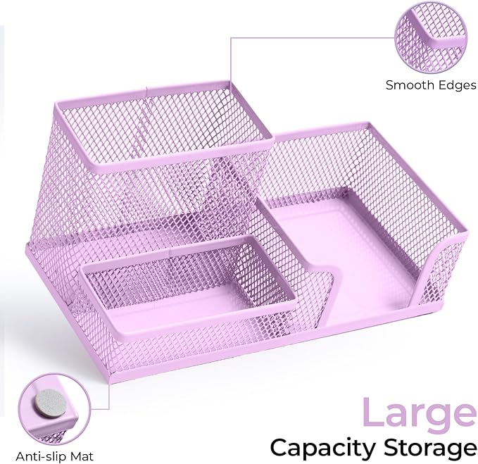 M&G Mesh Pen Holder Desk Organizers Pencil Holder for Desk Purple, 3 Compartments Metal Office Supply Organizer with Sticky Notes Holder for Home Office