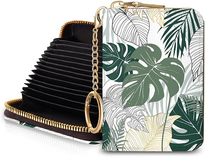 Blusabaca Credit Card Holder for Women, Tropical Leaves Abstract Small RFID Wallet with Zipper, Card Keychain Wallet, Leather Card Case, Business RFID Blocking Accordion Purse Wallet Gift