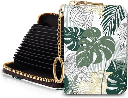 Blusabaca Credit Card Holder for Women, Tropical Leaves Abstract Small RFID Wallet with Zipper, Card Keychain Wallet, Leather Card Case, Business RFID Blocking Accordion Purse Wallet Gift