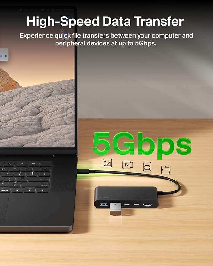 Belkin USB C Hub, 5-Port Hub With 4K HDMI Display @ 60Hz, 100W Power Delivery, Fast Data Transfer 5Gbps, USB C Multiport Adapter for iPad Pro, Chromebook & More, MacBook Accessories with HDMI 2.0 port
