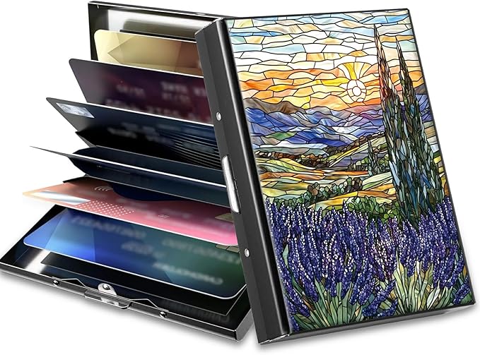 Slim Credit Card Holder, Stained Glass Lavender RFID Blocking Metal Wallet for Men & Women, Aluminum Minimalist Hard Case Pocket-Sized Business Cards Organizer (Fits Up to 10 Cards)
